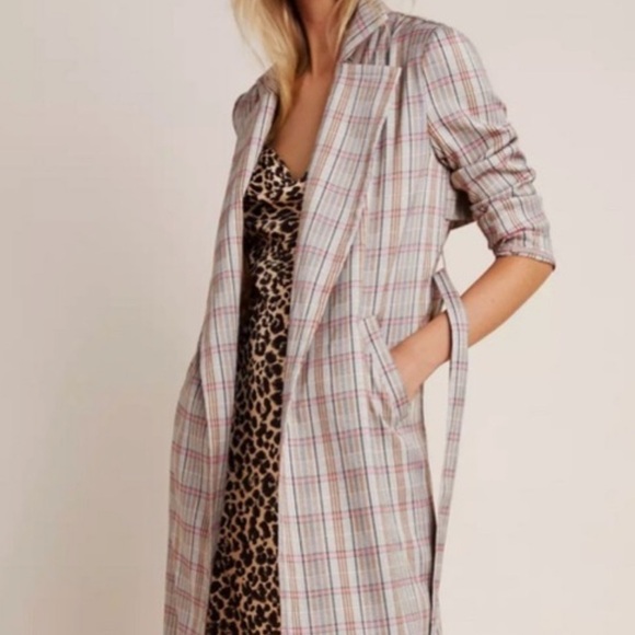 Anthropologie Plaid Belted Lightweight Summer Trench Coat Size M Neutral Motif - Picture 4 of 15